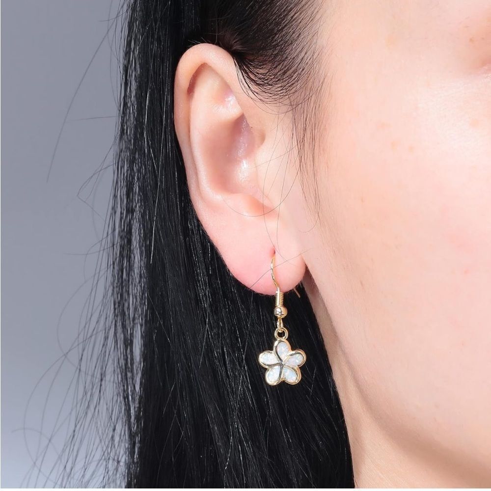 18K Yellow Gold with Genuine White Fire Opal Dangling Flower Drop Hook Earrings - Picture 5 of 5
